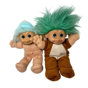 Russ Berrie Troll Kids Soft Body Doll Light Blue and Green Hair Lot of 2 Vintage